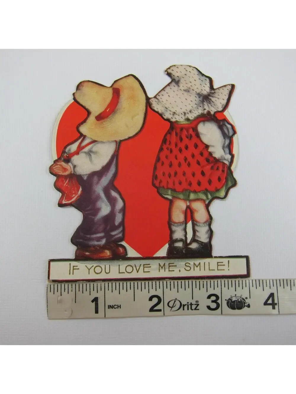 Vintage Valentine Card Die Cut Stand Up Boy Straw Hat & Girl Bonnet UNSIGNED